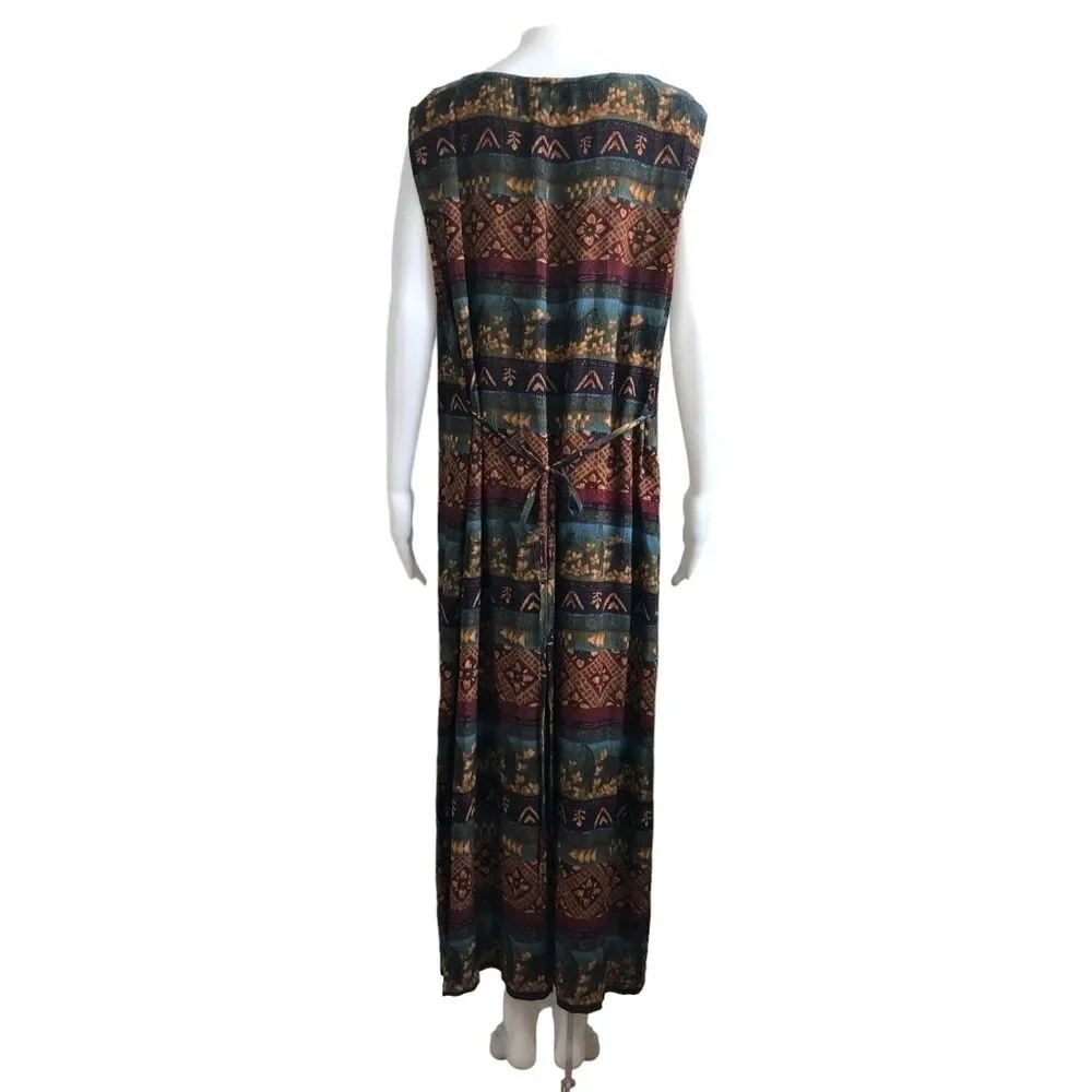 Vintage Size 12 Tribal Zebra Print Maxi Dress 90s Rayon Sleeveless